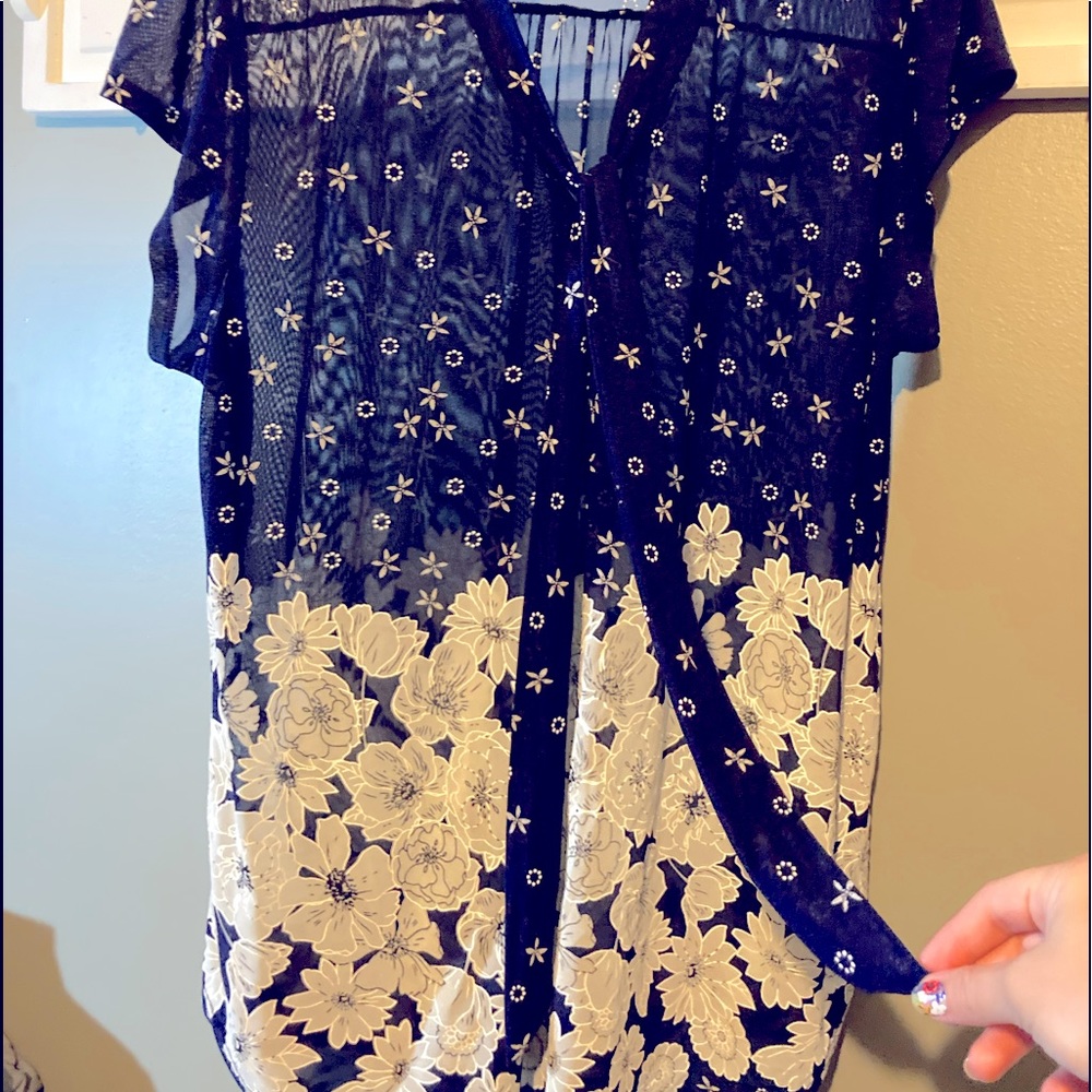 Sheer flowered tie-neck blouse